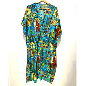 Art to wear Kaftan maxi dress Frida Kahlo tropical floral vacation boho women 2X